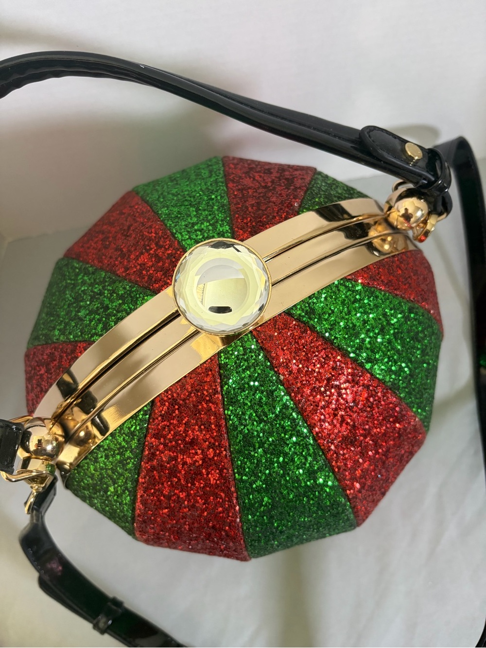 Christmas Ornament Purse Red Green Glitter Round Hard Case Crossbody Bag - Picture 7 of 13